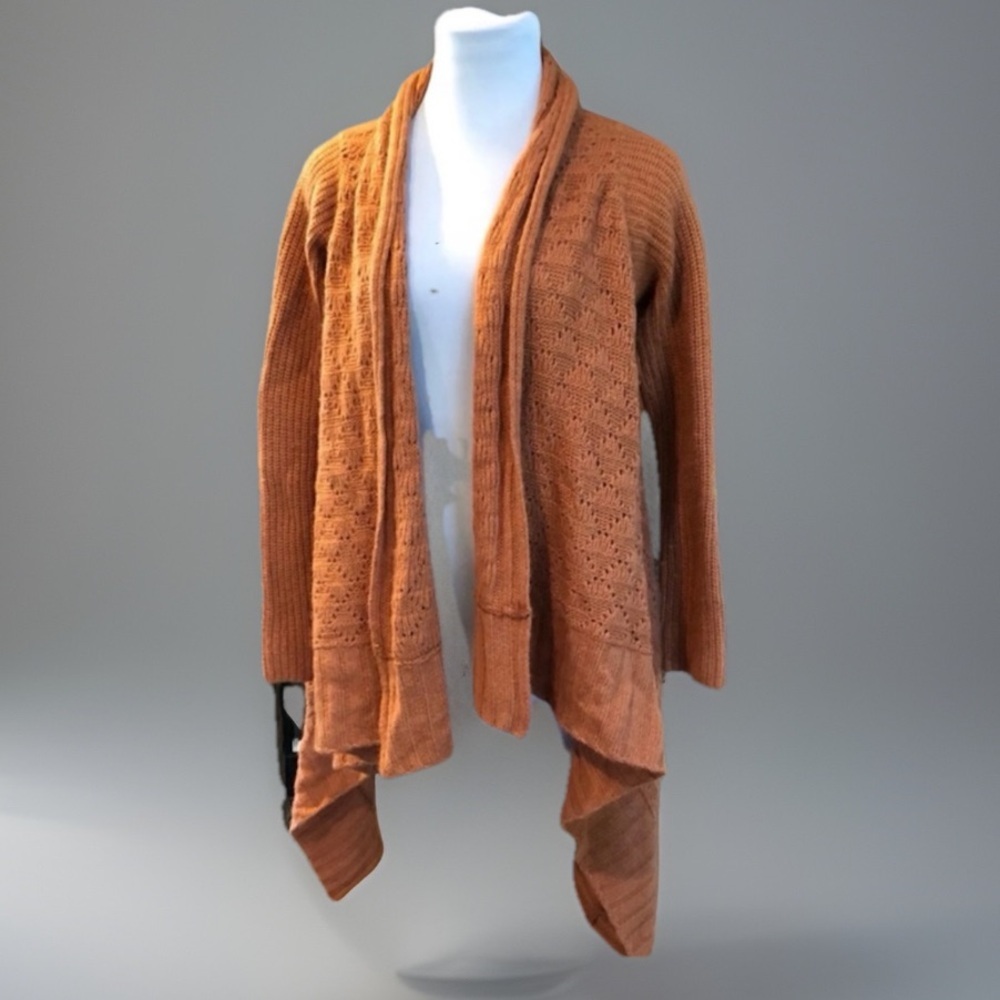 CYNTHIA ROWLEY Boho CHIC M Burnt Orange Open Draping Layering Sweater Ja…